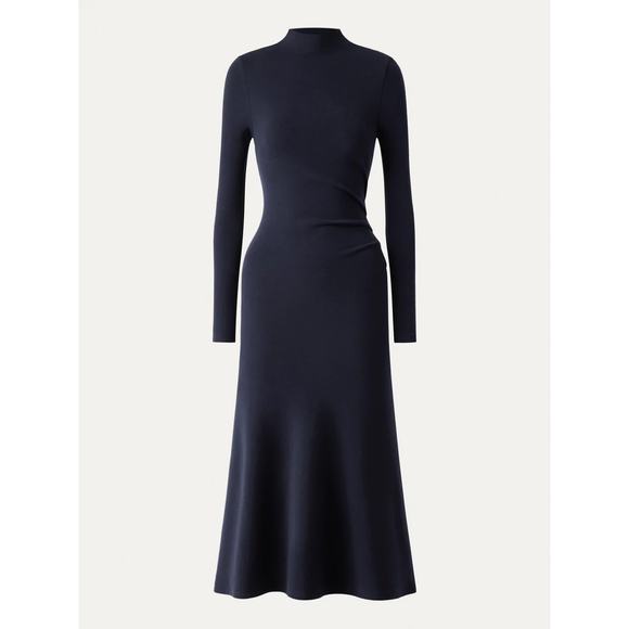 New OGL Heat-Tech Long Sleeves Mockneck Tucks Midi Dress Midnight Navy XS 1174-Q - Picture 1 of 12